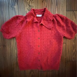 Jessica Simpson Red Short-Sleeve Knit Cardigan with Ruffled Collar